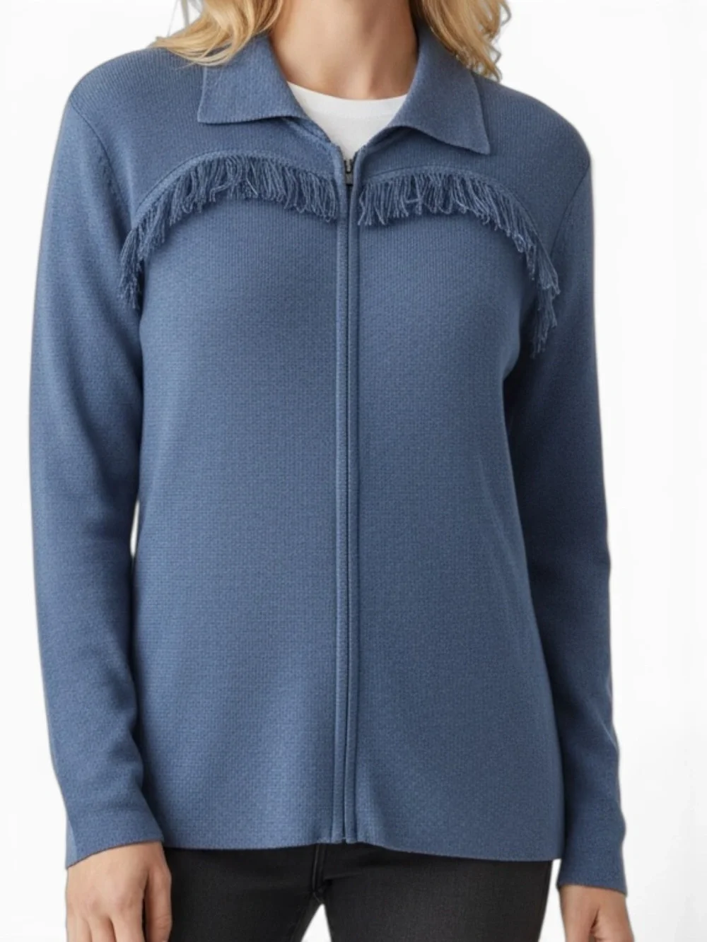 Vintage Double D Ranch Blue Linen Blend Zip Fringe Trim Sweater Jacket Sz XL